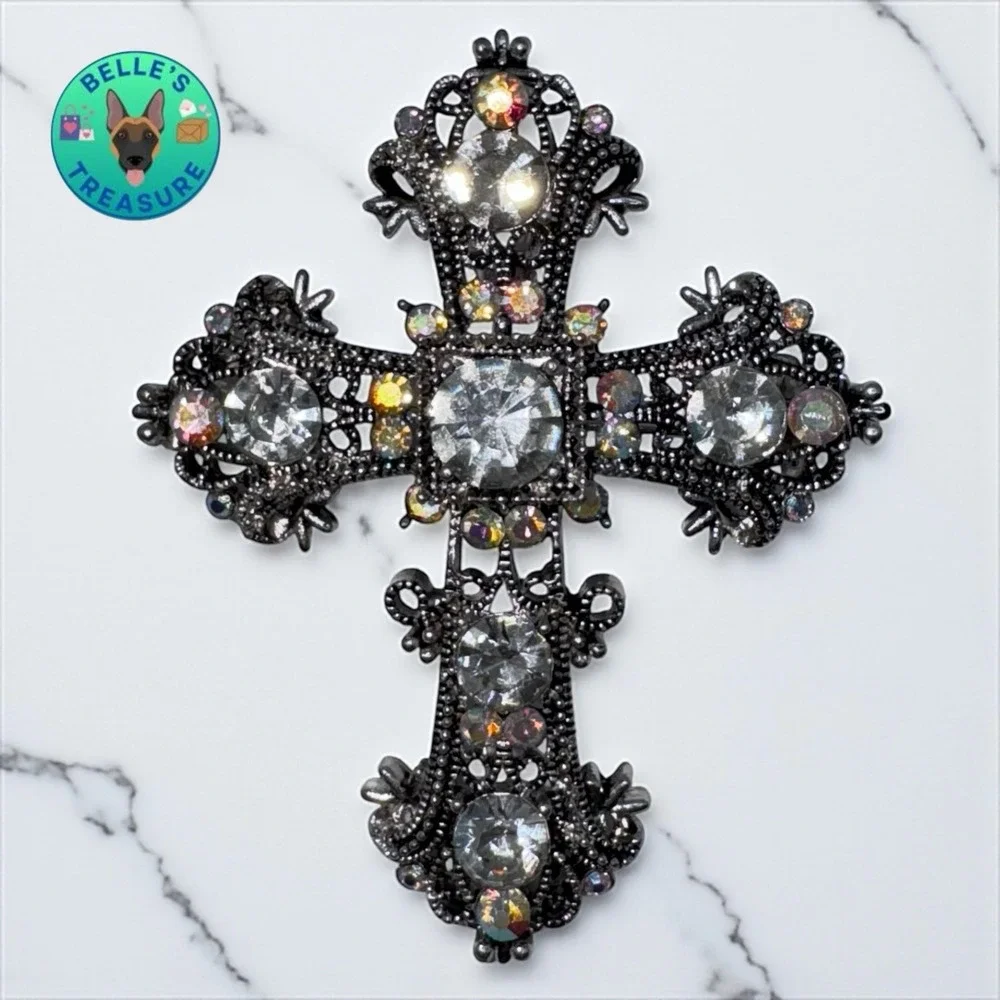 VTG Filigree Cross Brooch Pin Aurora Borealis Rhinestone Silver Tone‎ Religious